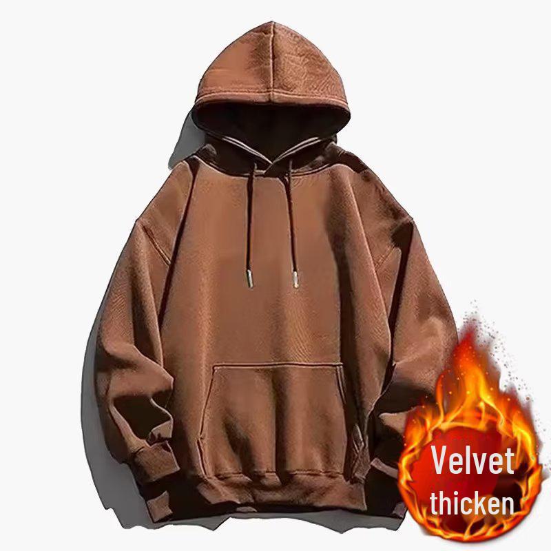 Hong Kong Style Men's Oversized Hooded Fleece Sweatshirt - Autumn/Winter Solid Color Pullover