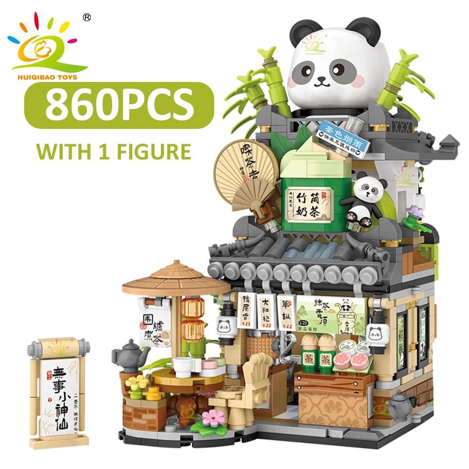 Non-Toxic City Mini Street View Panda Taiyaki Restaurant Model Building Blocks Diy Bear Coffee Shop Decorative Bricks Toys Adult