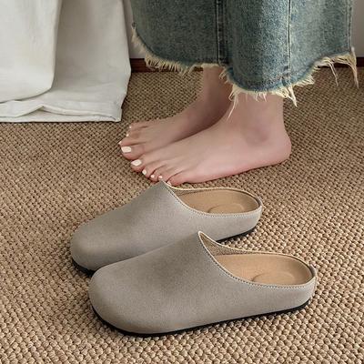 Mode Neue Damen Hausschuhe Geschlossene Zehen Runde Zehen Wildleder Clogs Sandalen Herbst Neue Retro Einfarbig Flache Unterseite Damen Slingback Schuhe
