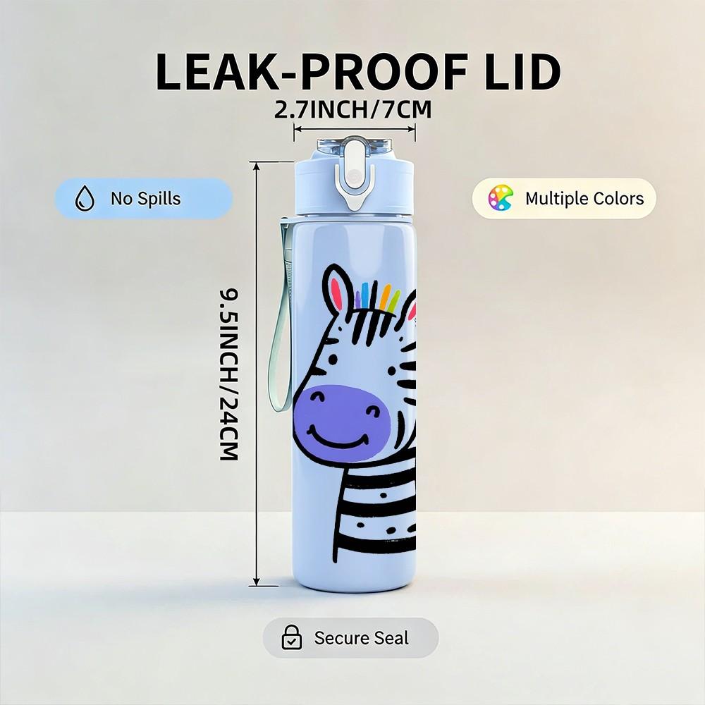 1PC Cute Zebra Cartoon Pattern 750ml Color Plastic Sports Water Bottle Leakproof Flip Straw Lid Suitable for Sports Office Home Use