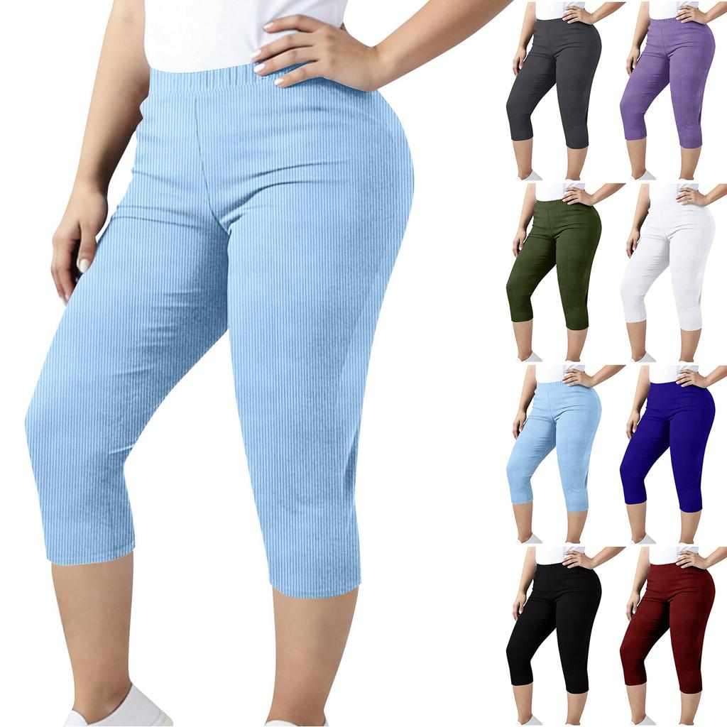Pantaloni Capris da Donna Taglie Forti a Coste Elasticizzati Corti Comodi con Design Pull-On