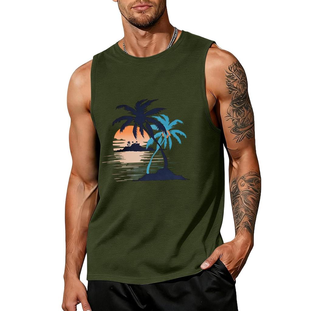 Men’s Sleeveless Crew Neck Tank Top with Tropical Tree and Print Casual Relaxed Fit Shirt