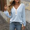 Women T-shirt V-neck Long Sleeve Buttons Half Closure Pullover Tops Color Block Splicing Design Casual Tops Daily Wear