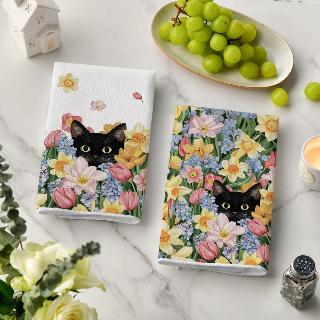 Artoid Mode Tulip Wild Flowers Black Cat Spring Kitchen Towels Dish Towels, 18x26 Inch Farmhouse Floral Decoration Hand Towels Set of 2