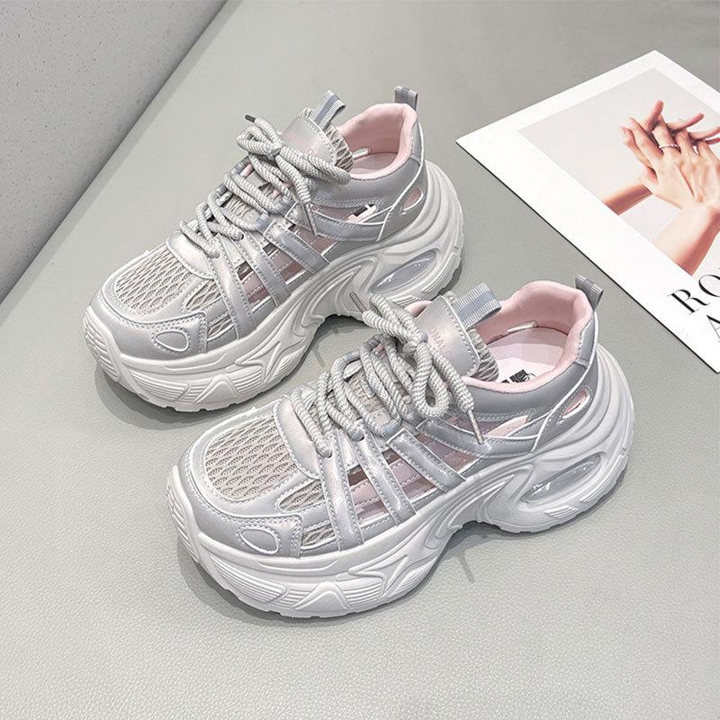 Thick-soled heightening hollow breathable dad shoes women's 2025 summer thin mesh shoes casual sports shoes bag head sandals