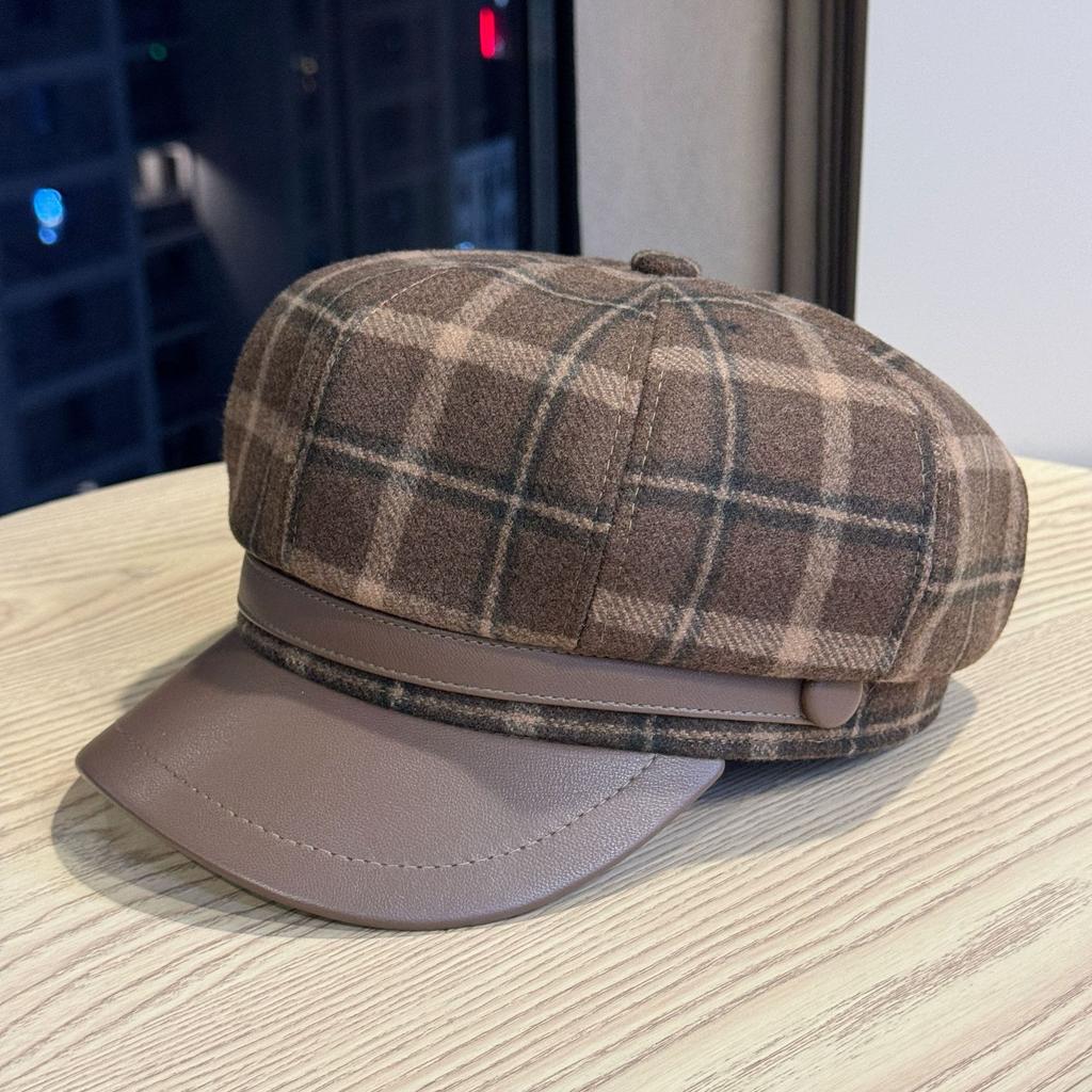 Red Plaid Woolen Octagonal Hat for Women in Autumn and Winter Korean Style Retro Beret New Retro Newsboy Hat Trend