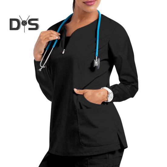 

Уніформа медсестри з 4 кишенями, напівпланка на блискавці, довгі рукави, бічний розріз, низ, вільний крой, спецодяг для медсестер XXXL чорний