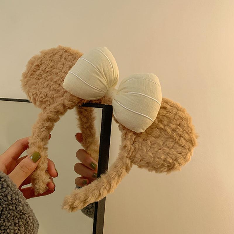 Cute Bow Bear Plush Headband for Women - Korean Style Cartoon Ear Hair Accessory for Autumn and Winter Face Washing