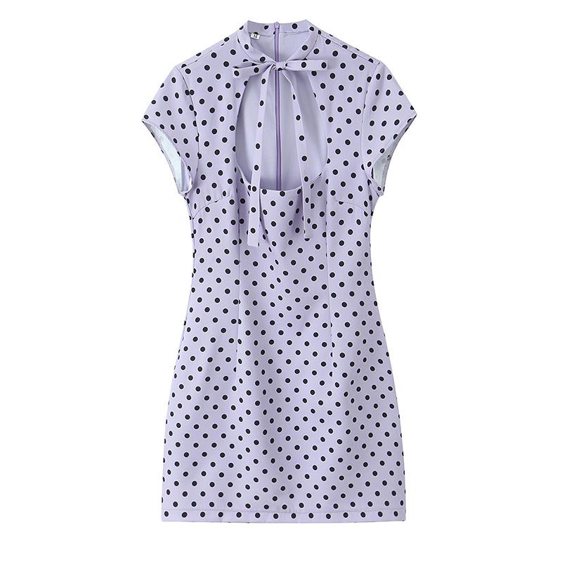 Vintage Polka Dot Dress Women 2026 Summer Hollow Out Stand Neck Short Sleeve Mini Dresses Lady New Sexy Slim Party Vestidos