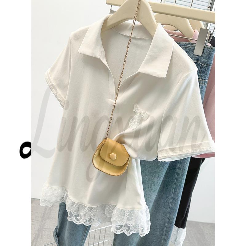 

2026 Summer Plus Size Women s Polo Lace Bow Short Sleeve Top 3XL брудно-білий