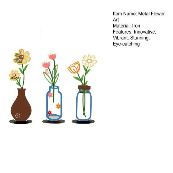 Metal Flower Art with Vase Minimalist 2D Iron Floral Table Ornament for Living Room Bedroom Kitchen Home Office Farmhouse Decor Housewarming Gifts