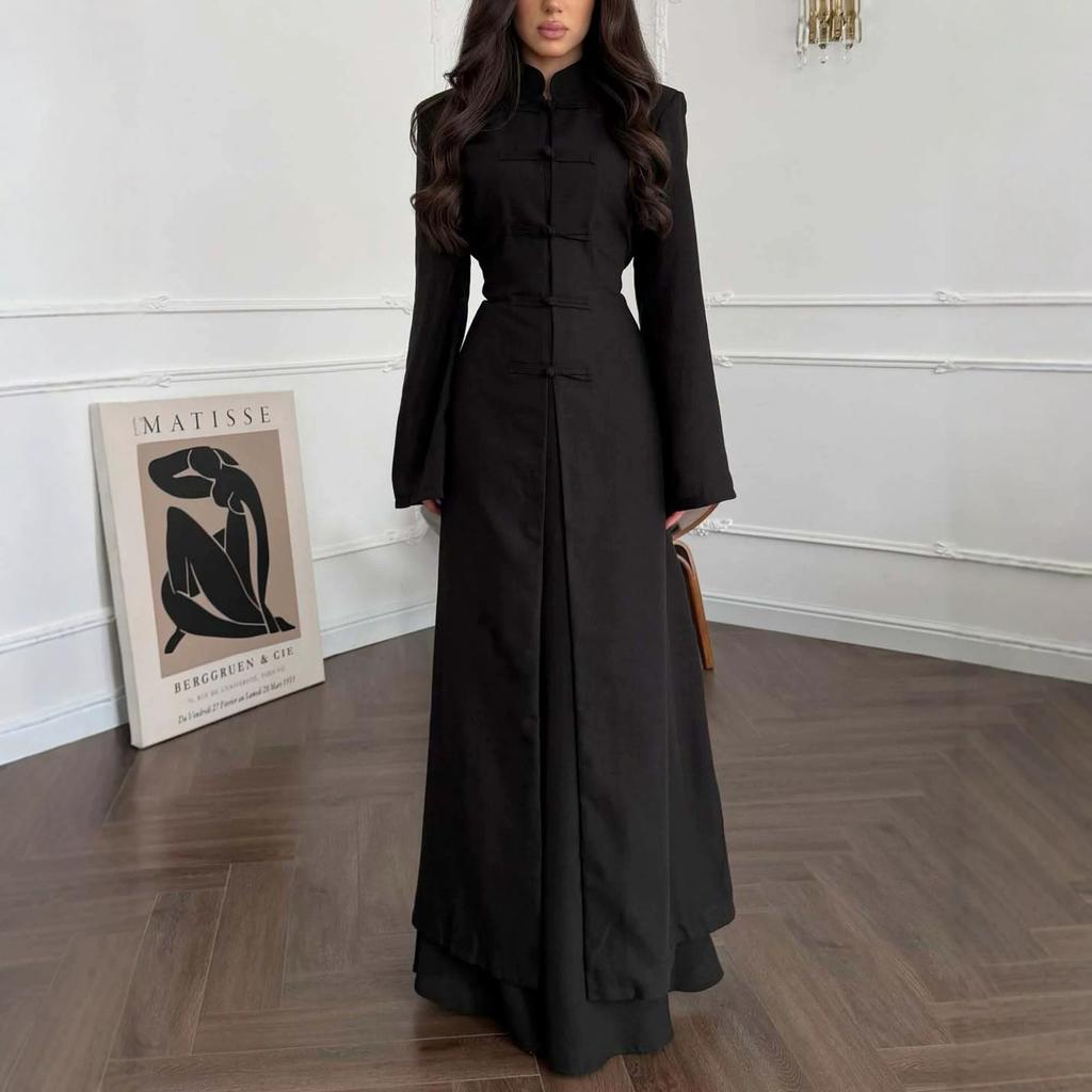  Spring and Autumn New European, American Amazon Cross-border Stand-up Collar Chinese Button Long Jacket Dress Set