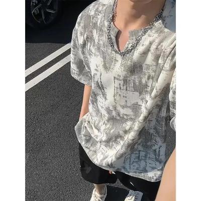 Men's Tie Dye Textured T-Shirt with V-Neck Design Casual Loose Fit Short Sleeve Top