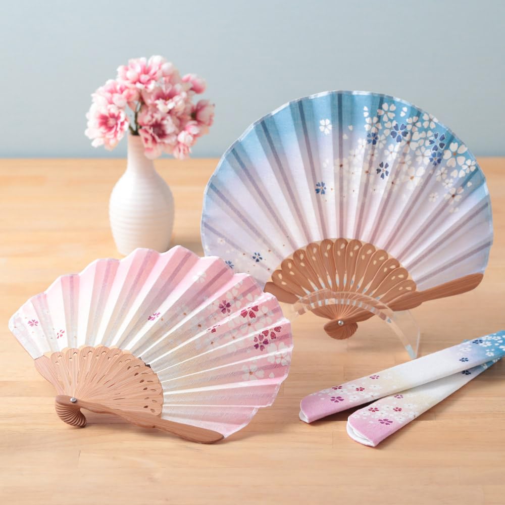 Stylish Business Fan Set with Fan Case and Handkerchief Cherry Blossom Gradation [Osaka Choseido] Women's - (Pink)
