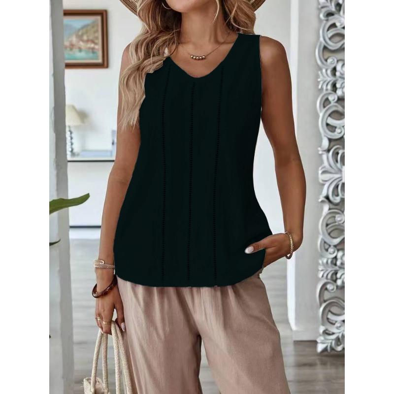 Bluză de vară largă cu decupaje pentru femei, culoare solidă, gât rotund, cămăși casual, modă pentru doamne, topuri tip maieu elegante, dulci, cu dantelă, vestă simplă de birou