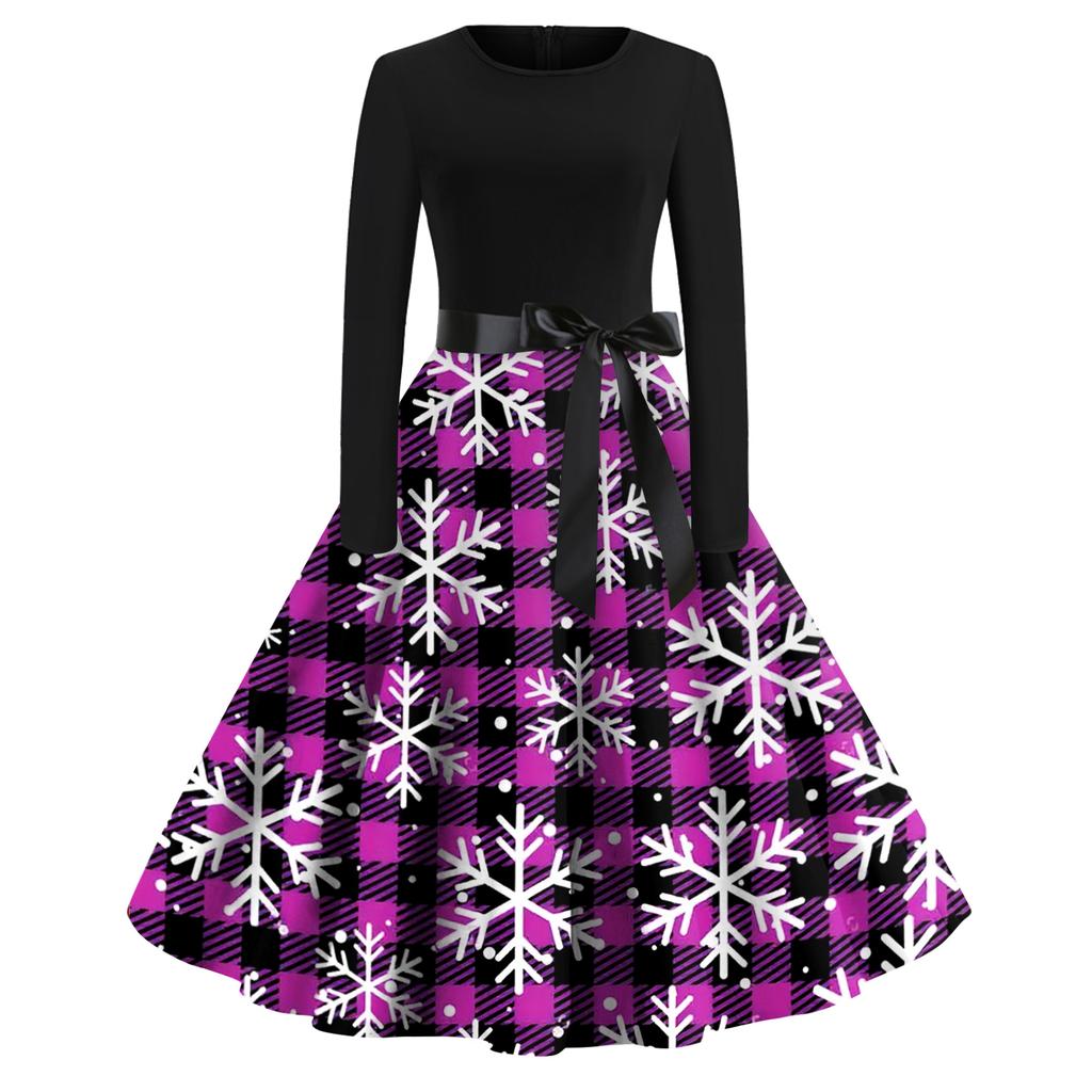 Women's Fashion Casual Round Neck Christmas Print Long Sleeve Dress
