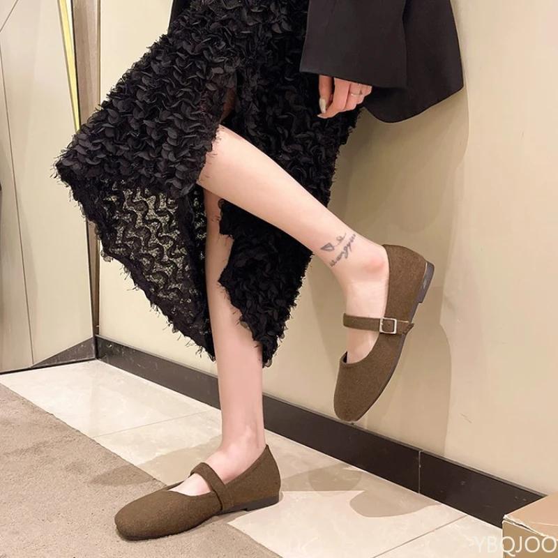 Ladies Retro suede Shoes Square toe buckle flat shoe Mary Jane Elegant Women's Shoes Casual comfortable flats Zapatos Mujer