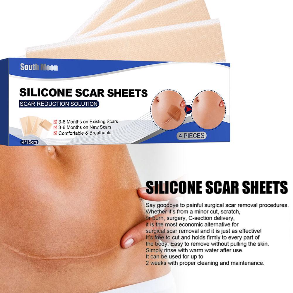 SOUTH MOON 4 Cerotti/Confezione Fogli in Silicone per Cicatrici, 4cm*15cm Nastro Autoadesivo Copri Cicatrici Riutilizzabile ed Efficace Strisce per la Cura della Pelle