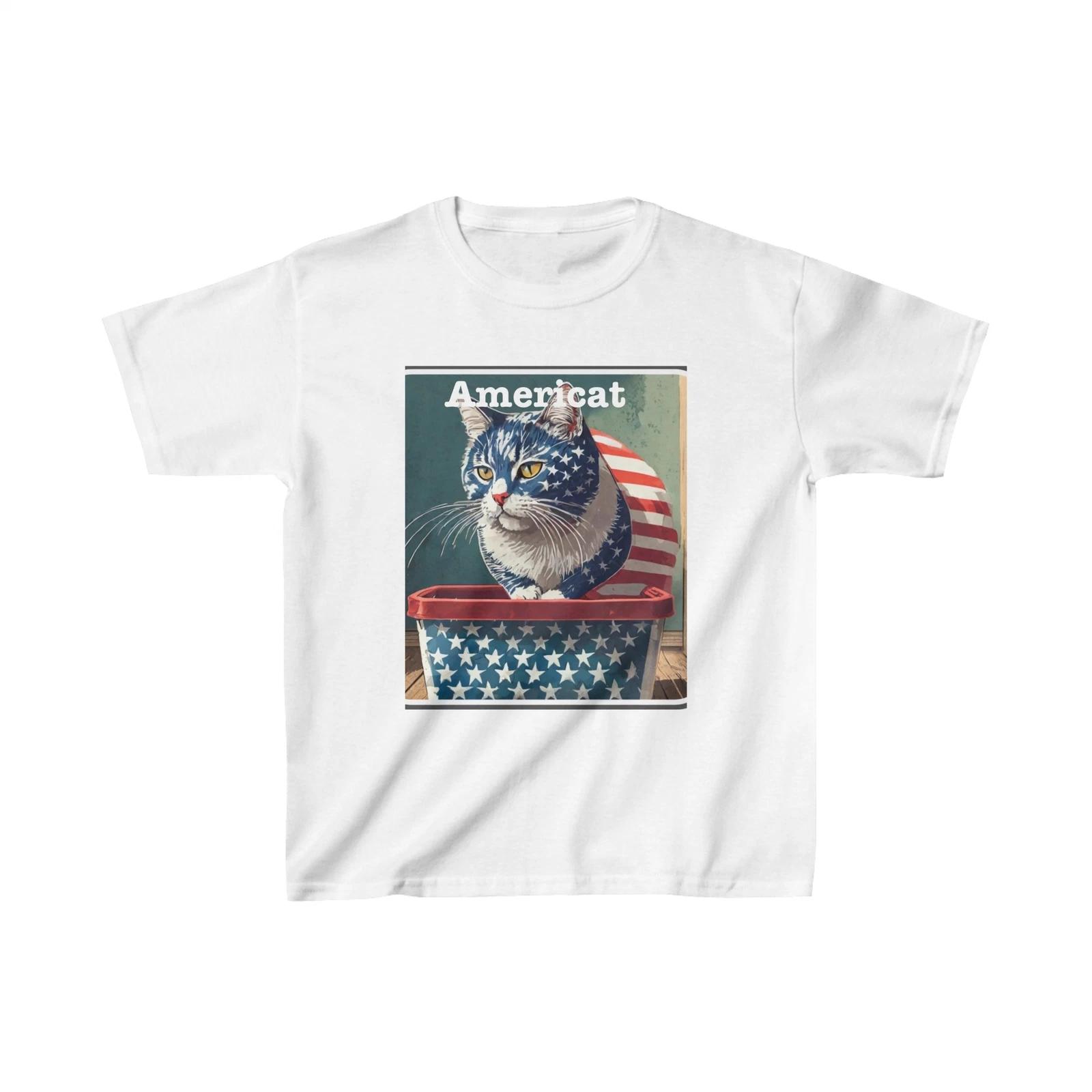 Americat Patriotic Stars and Stripes Kitty Kids Heavy Cotton™ Tee L