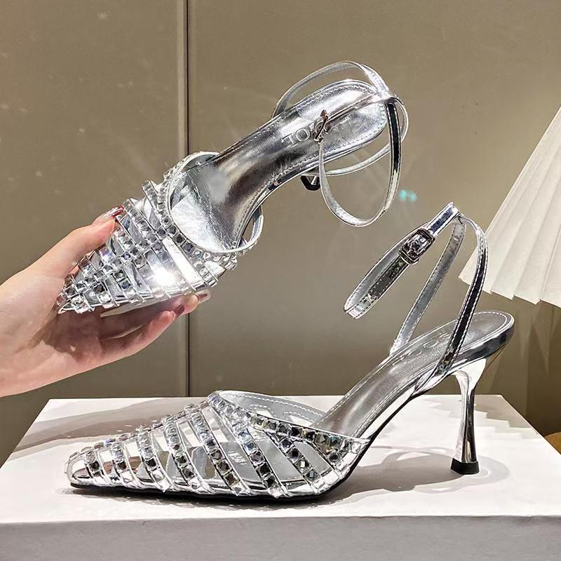 

Bright diamond high-heeled sandals women s 2025 summer new foreign trade rhinestone one-word buckle bag head thin heel fashion sandals 40 срібний
