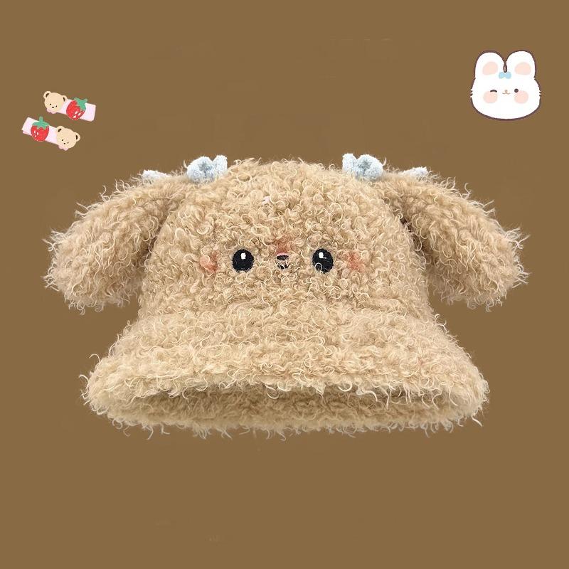 Sweet and Cute Rabbit Ear Plush Bucket Hat Women's Autumn and Winter Cold and Warm Versatile Face Small Ear Protector Basin Hat
