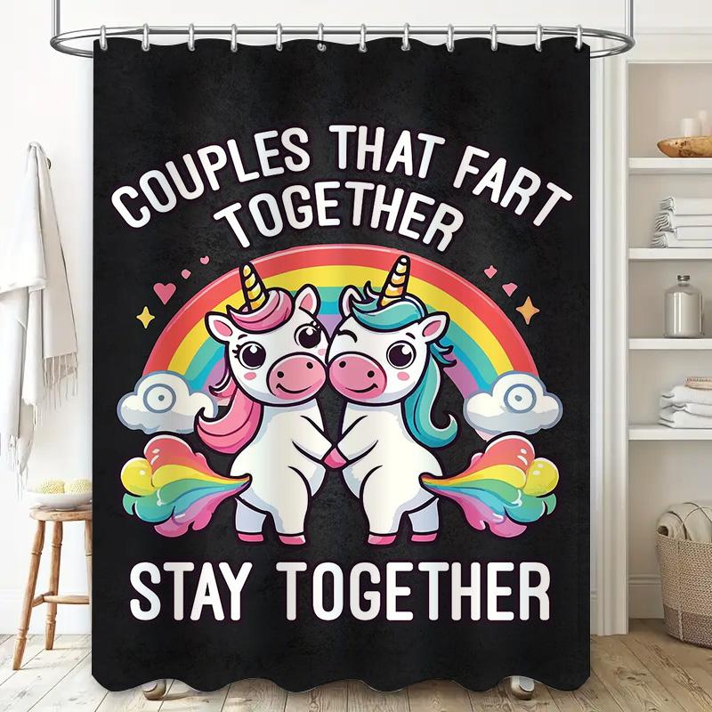Adorable Unicorn Shower Curtain Set Funny Bathroom Decor For Couples Who Love Farting Together Stay Together Easy Installation H
