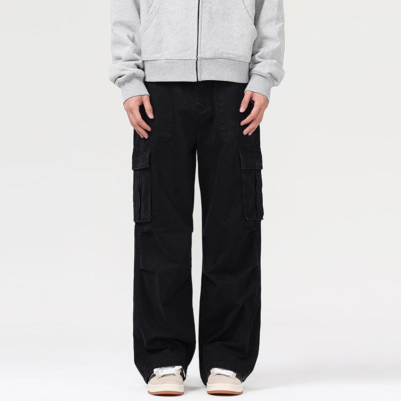 Pure Cotton Maillard Paratrooper Working Pants Men's Loose Straight Pulls, Wrinkled Design Jeans