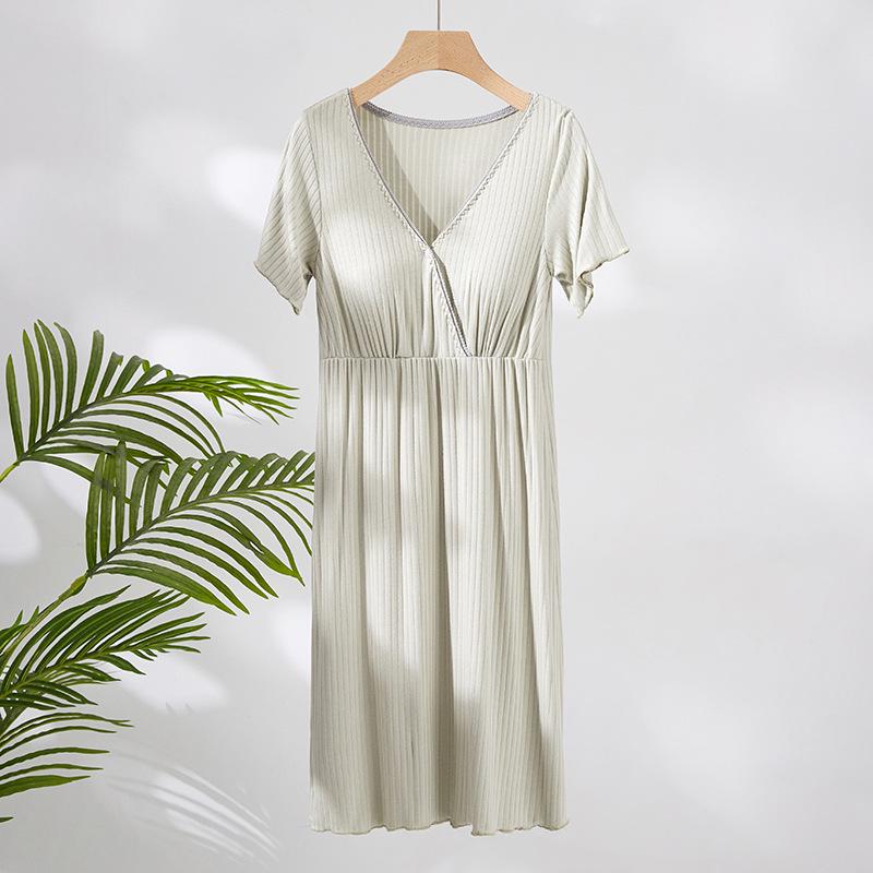 V-Neck Nursing Dress with Insertable Cups for Breastfeeding - Fashionable Postpartum Pajamas