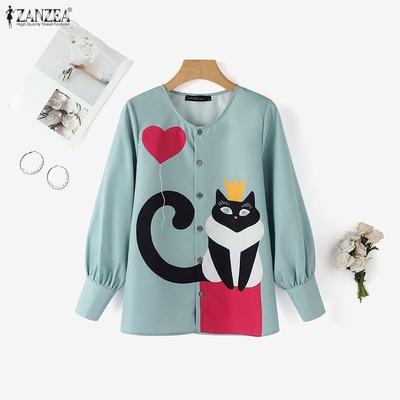 Women Casual V-Neck Loose Long Sleeve Print Blouse