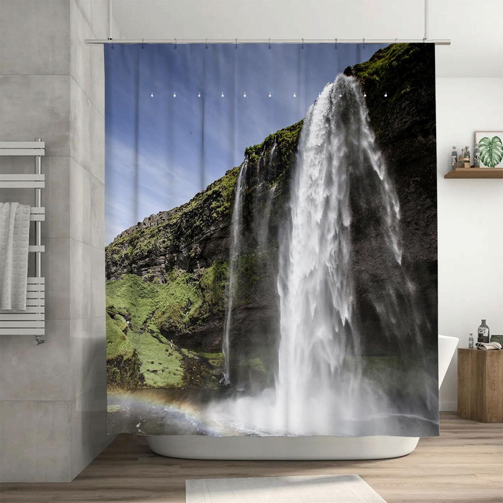 Waterfall Shower Curtain Nature Decor for Bathroom Waterproof Fabric with Rainbow Effect 3D Printing Customized Size Available E