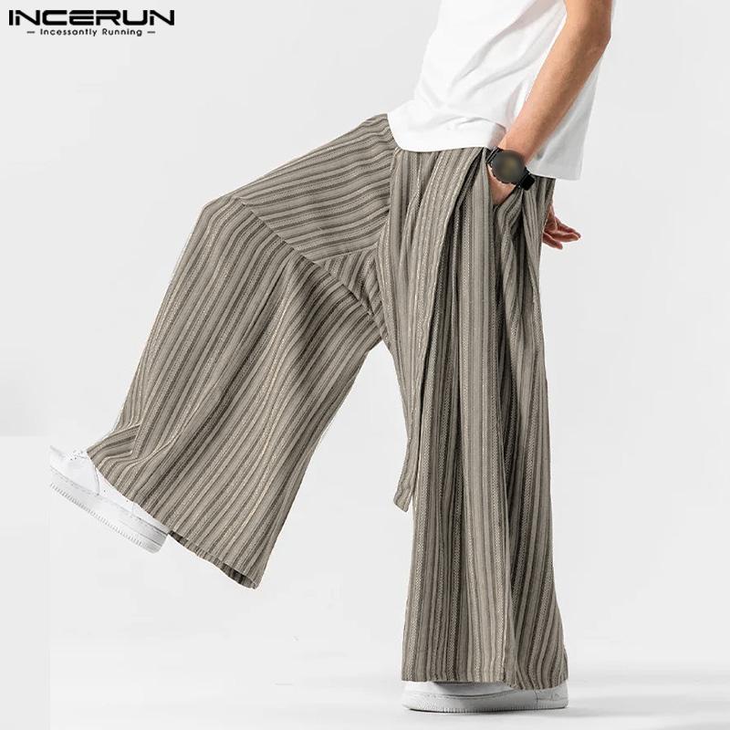 INCERUN Vintage Men Elastic Waist Striped Casual Loose Long Wide Legs Pants