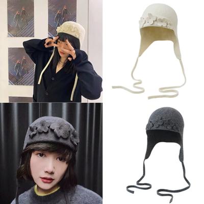 Handmade Wool Flower Hat Ear Covering Hat Elegant Wool Hat Cold Weather Hat for Cold Weather
