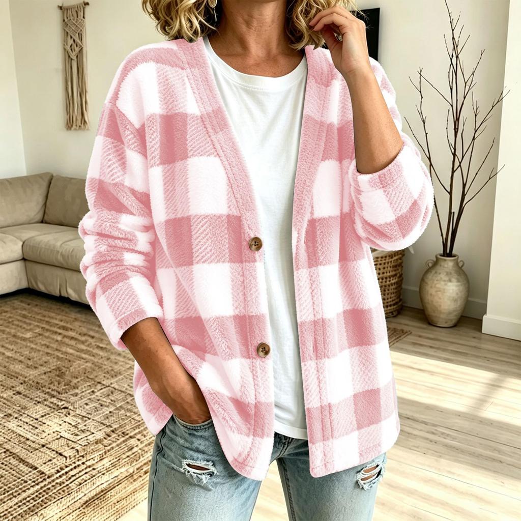 Women's Casual Plaid Cardigan V-Neck Loose Fit Open Front Jacket