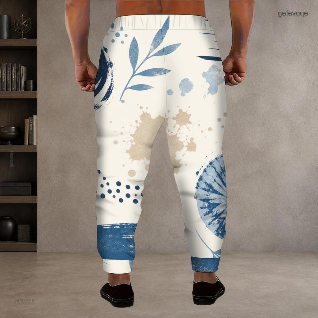 Men Plus Size Blue White Printed Drawstring Jogger Pants Side Pockets Cuffed Ankle Long Trousers