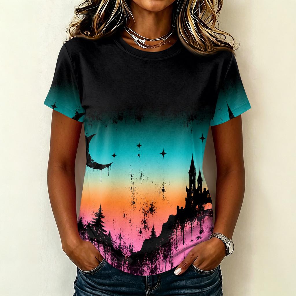 Womens Casual Pullover Short Sleeve T Shirt Halloween Graphic Print Top Lightweight Comfortable Fit