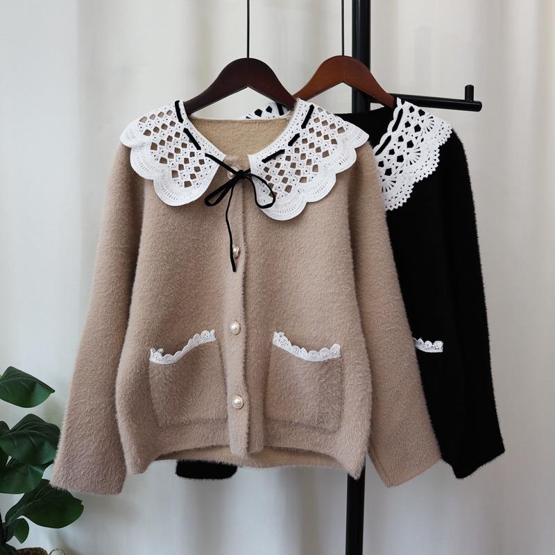 Splicing lace imitation mink fleece sweater jacket for women's autumn and winter new sweet age-reducing knitted cardigan for women