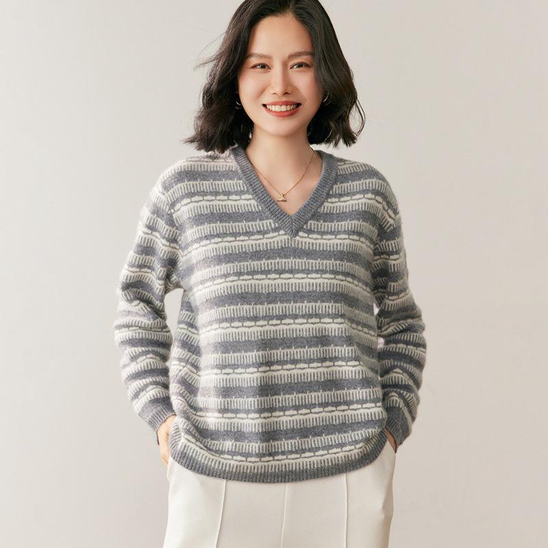 Women's Color Block V-Neck Cashmere Sweater - 2025 Autumn/Winter Korean Style Loose Slimming Pullover