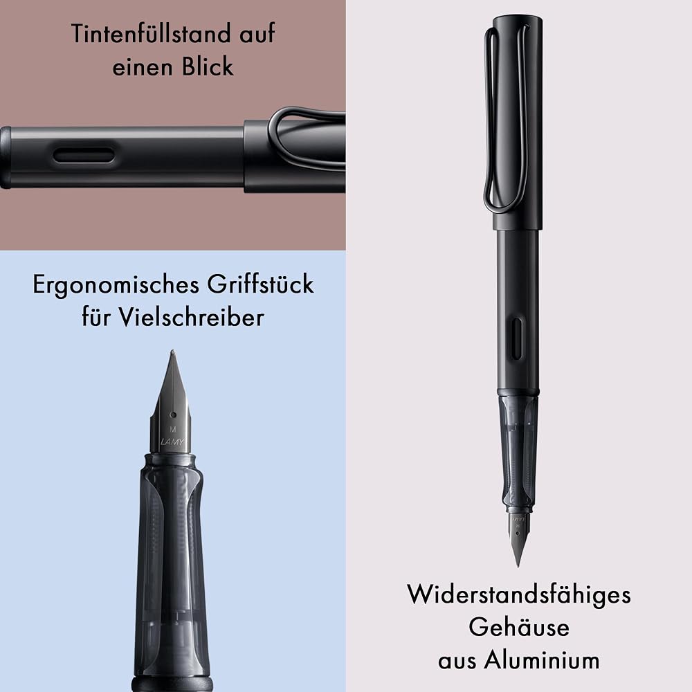 LAMY AL-Star Black Fountain Pen - Ergonomic Grip and Black Steel Nib Size M - Lightweight Aluminu...