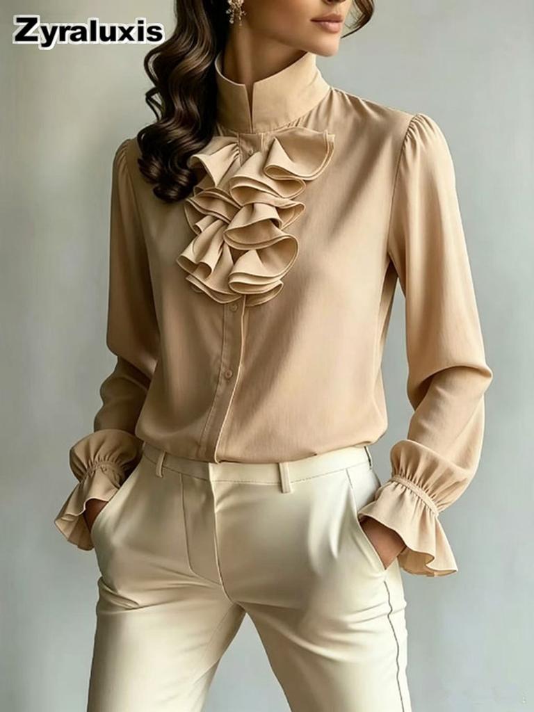 New Style Chic Casual Loose Collar Solid Color Ruffled Shirt for Women