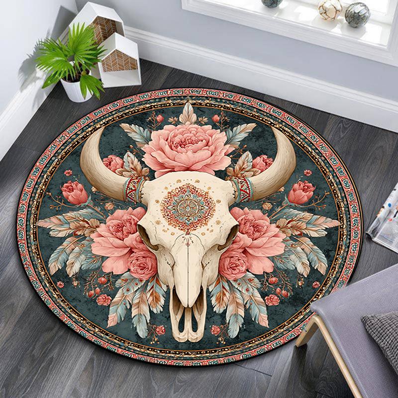 Bohemian Buffalo Skull Round Area Rug,Carpet Rug for Living Room Bedroom Sofa Playroom Decor,Non-slip Floor Mat