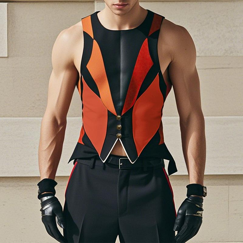 INCERUN Summer Men Sleeveless Color Block Print Casual Splits Tank Tops