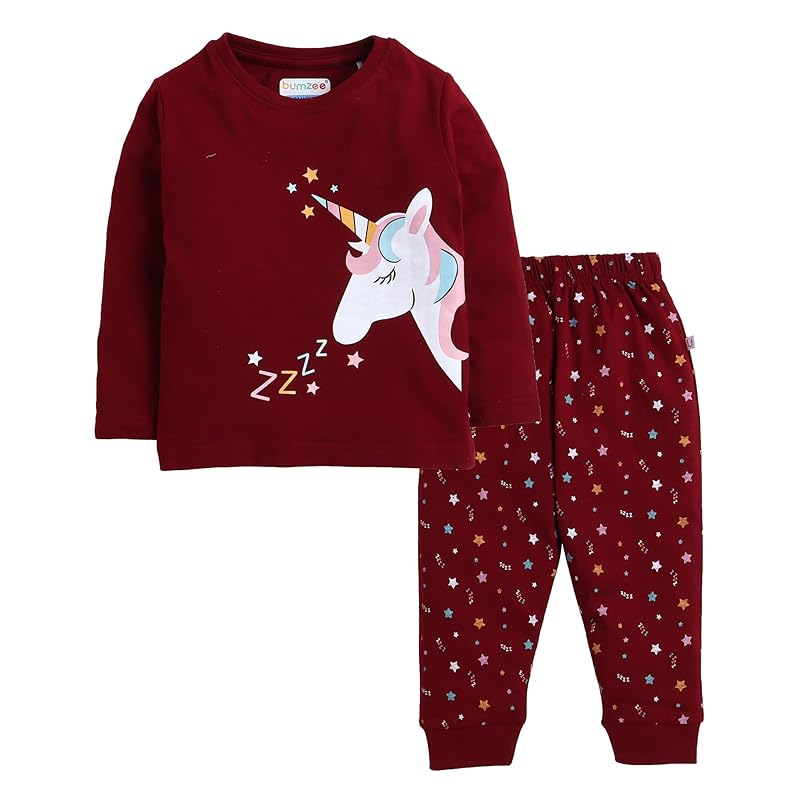 BUMZEE Maroon Girls Cotton Full Sleeves T-Shirt And Pajama Set Age - 5-6 Years