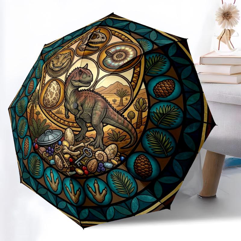Dinosaur Glass Art Pattern Umbrella, Portable and Foldable Design, 8 Ribs, a Casual Accessory for Halloween, Christmas, and Birthday Gifts.