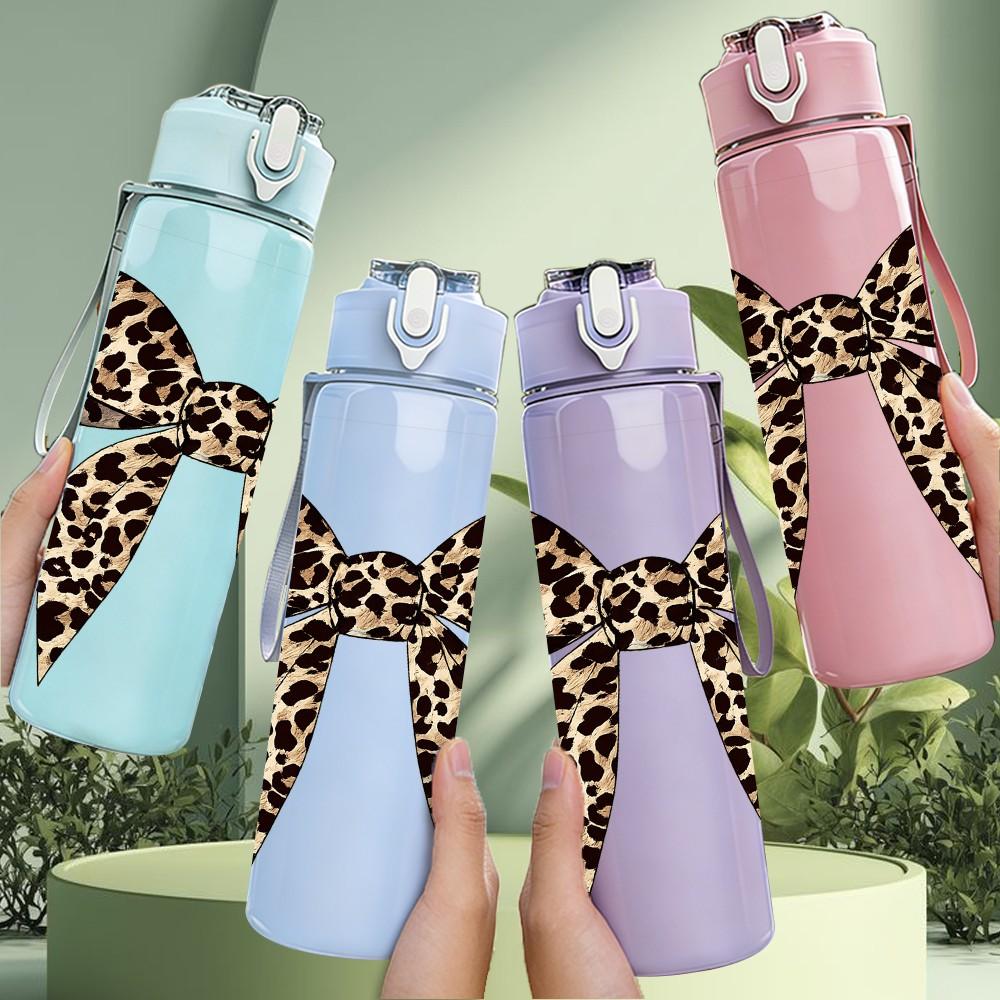 1PC Leopard Print Bow Ribbon Print 750ml Color Plastic Sports Water Bottle Leakproof Flip Straw Lid Suitable for Sports Office Home Use