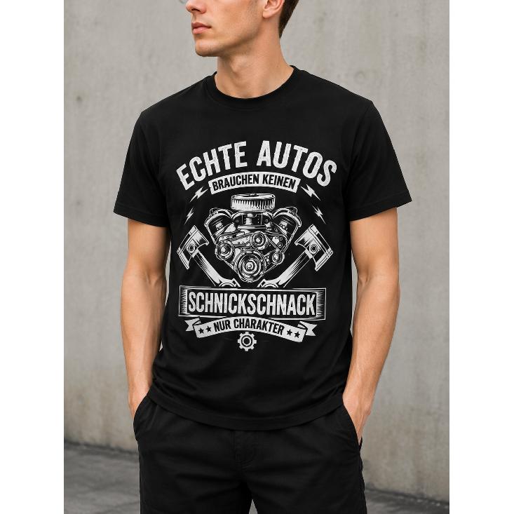 Men's Black Short Sleeve Crew Neck T-Shirt with Vintage German Car Engine Graphic Print, Soft Cotton Blend for Casual Daily Wear