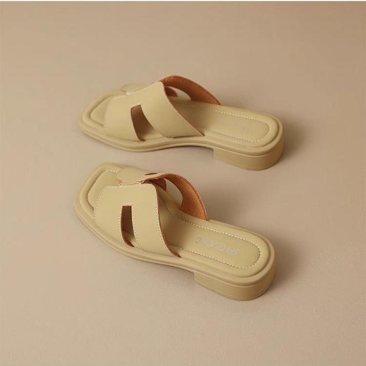 Summer Soft Leather Women's Shoes Low Heel Square Toe Roman Retro Brown French Women's Sandals with Exposed Toes