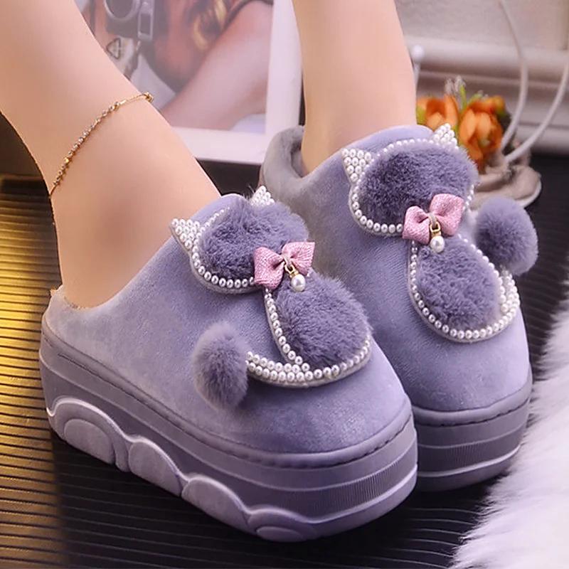 Fashion Girls Winter cotton slippers plush indoor rhinestone ladies shoes 2025 stylish new arrival women platform slippers