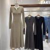 Women's Slim Fit French-Style Knit Dress - Waist-Hugging, Half-Open Collar, Solid Color, Autumn/Winter.