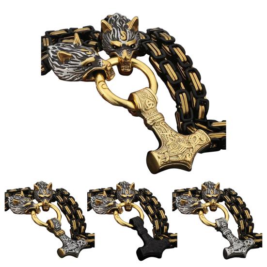 Men Necklace Retro Nordic Viking Style Hammer Wolf Head Pendant Amulet Thick