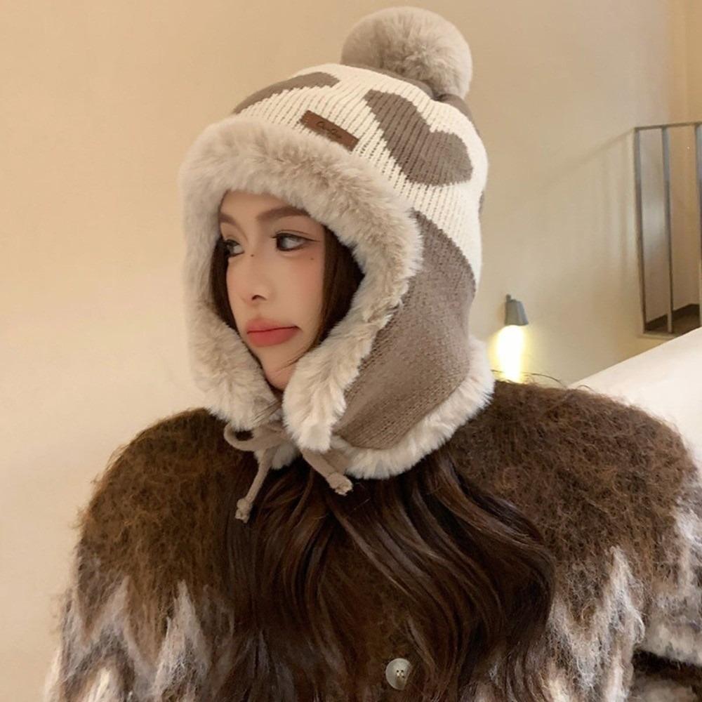 Polyester Trapper Hat Pom Pom Thick Warm Lining Winter Hat Heart Pattern Ear Flap Hat For Women